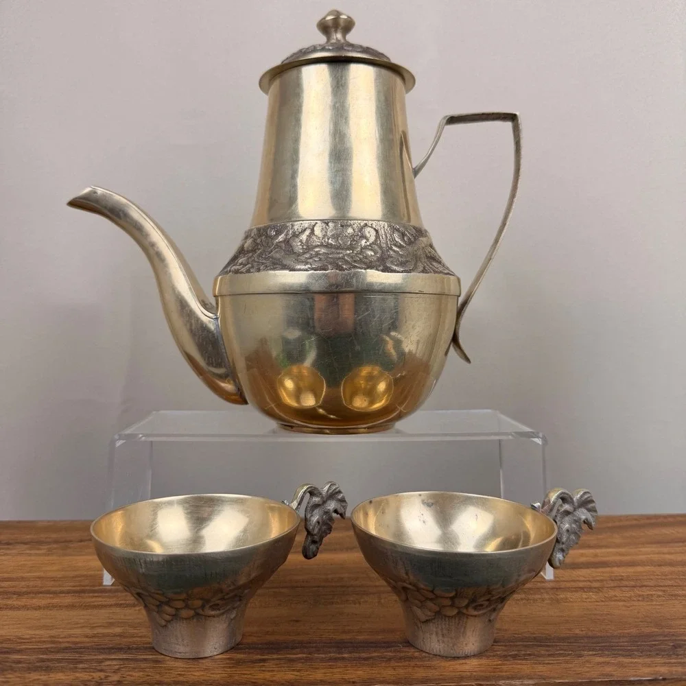 Vintage Brass Dragon Teapot Set with 2‎ Cups Ornate Relief Asian Style Decor
